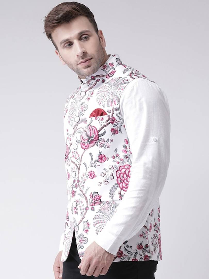 Men's White Viscose
 Printed Nehru Jackets